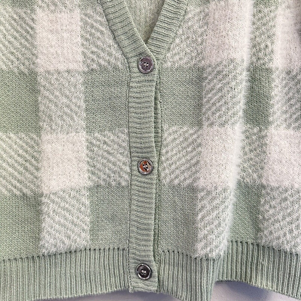 Willow and Wind Pale Green Plaid Cropped Eyelash Cardigan Sweater Sz M 90s - Picture 6 of 11
